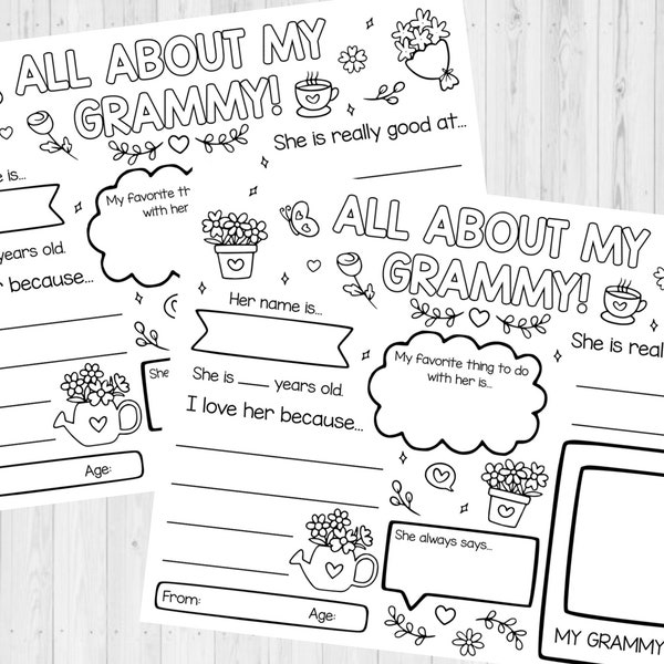 INSTANT DOWNLOAD - All About My Grammy Printable - Grandparent's Day Printable - Grandparent's Day Questionnaire - Birthday Gift For Grandma