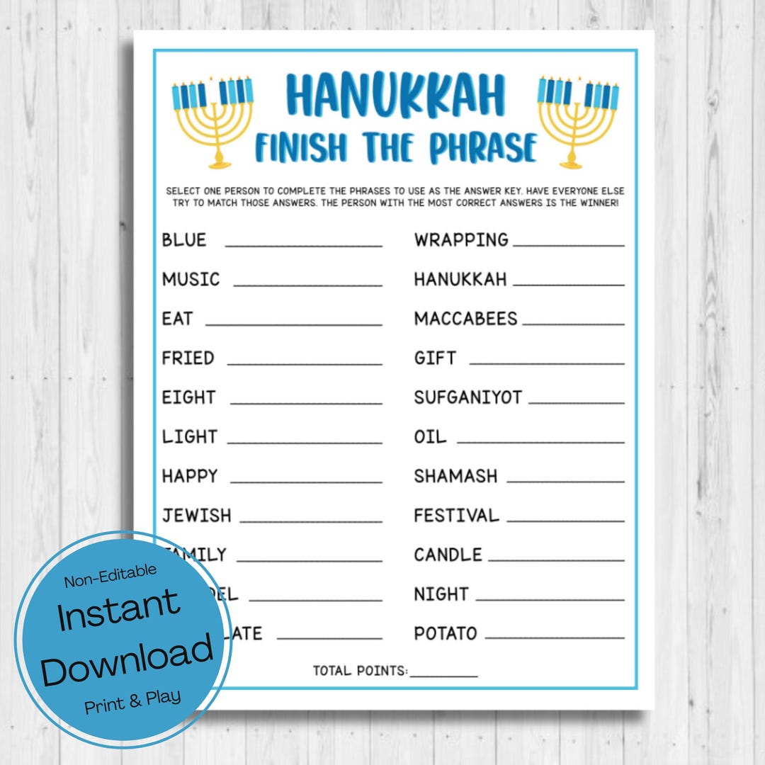 INSTANT DOWNLOAD Hanukkah Finish the Phrase Printable - Hanukkah Game ...