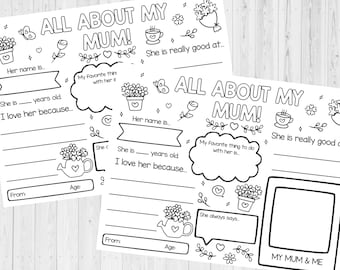 INSTANT DOWNLOAD - All About My Mum Printable - Mother's Day Printable - Mother's Day Questionnaire - Birthday Gift For Mom