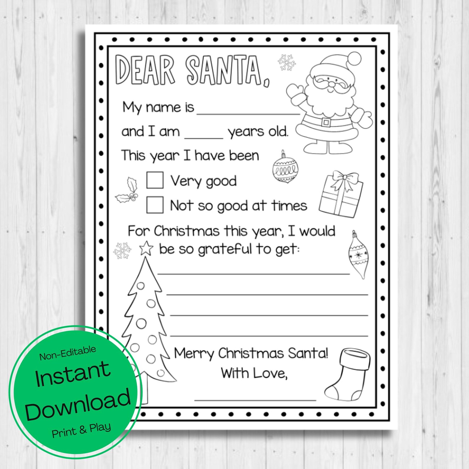 Santa List Coloring Note INSTANT DOWNLOAD Letter to Santa Printable - Christmas Wish List ...