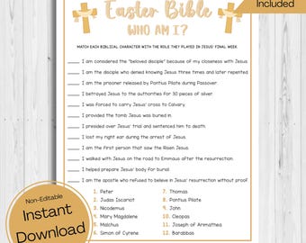 May include: A printable Easter Bible game with a gold cross design. The game asks "Who Am I?" and includes 12 biblical characters to match with their roles in Jesus' final week.