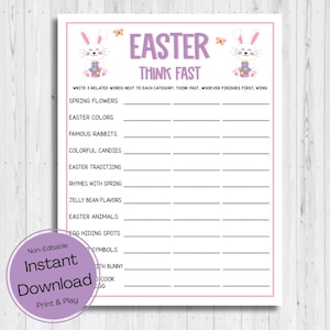 INSTANT DOWNLOAD Easter Think Fast Game Printable - Family Easter Party Game - Easter Activity Printable - Easter Word Game