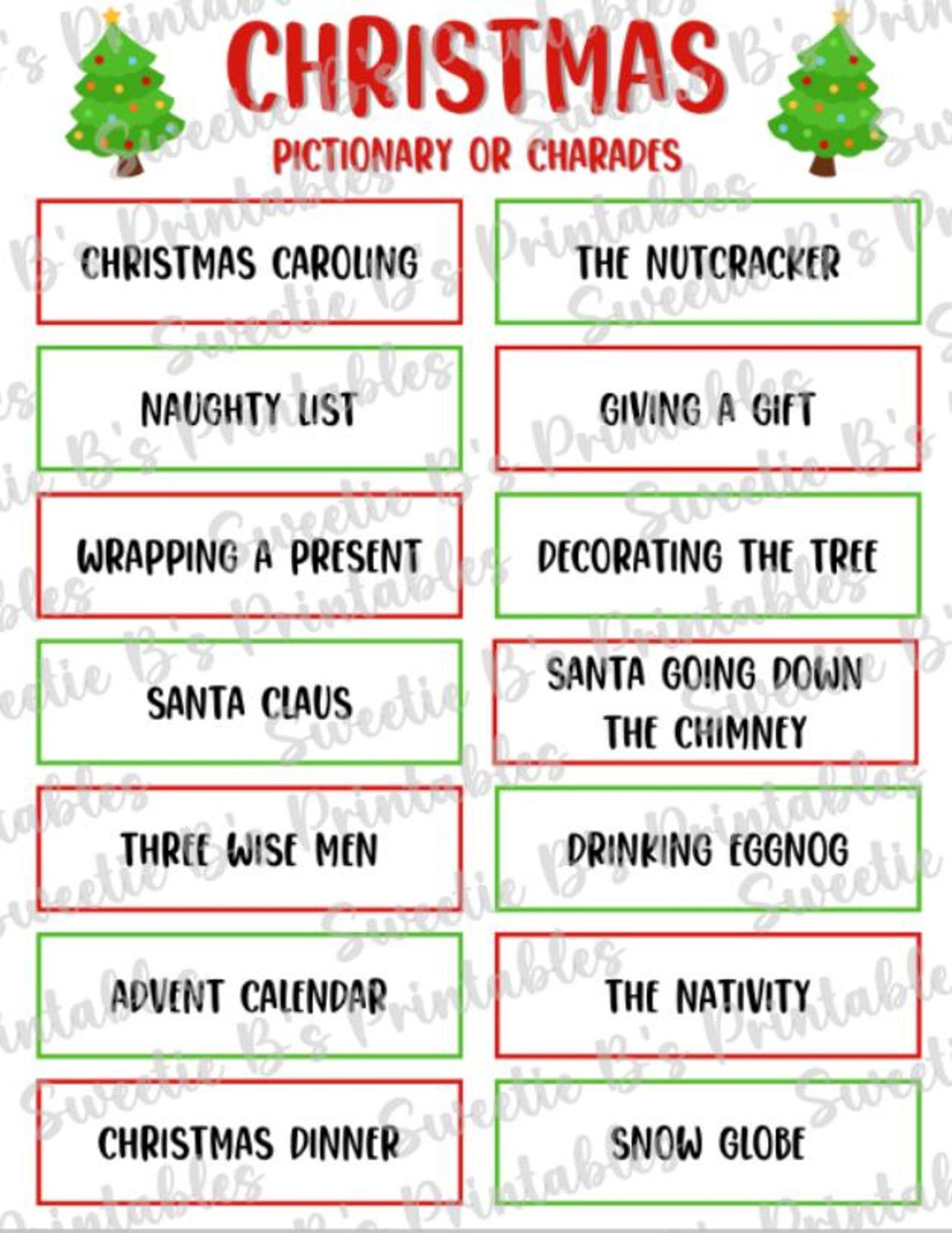 INSTANT DOWNLOAD Christmas Pictionary or Charades Printable - Holiday ...