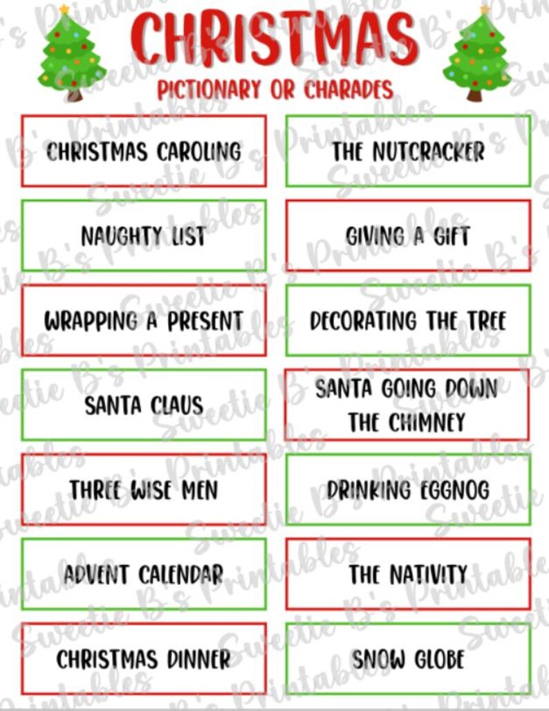 INSTANT DOWNLOAD Christmas Pictionary or Charades Printable - Holiday ...