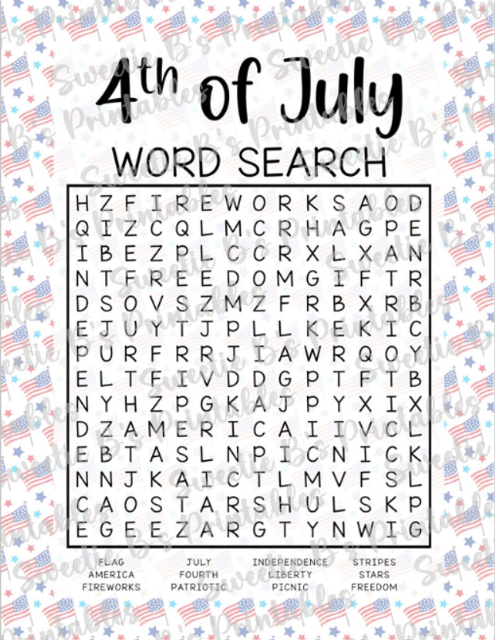 INSTANT DOWNLOAD 4th of July Word Search Printable 4th of July Game
