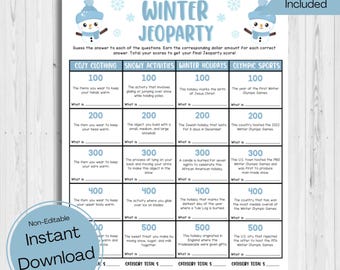 Könnte beinhalten: Ein druckbares Winter-Jeopardy-Spielbrett mit Kategorien für Gemütliche Kleidung, Schneeaktivitäten, Winterferien und Olympische Sportarten. Jede Kategorie hat fünf Fragen mit Punktwerten von 100, 200, 300, 400 und 500. Das Spielbrett ist mit einem Schneemann und Schneeflocken verziert.