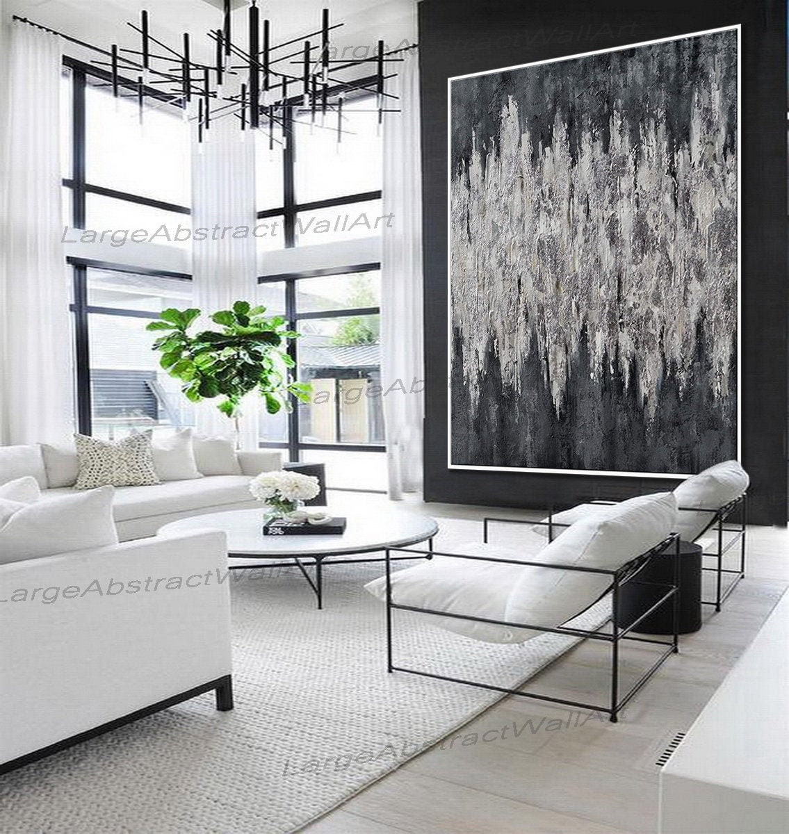 Schwarz Silber Blatt Bild extra groß vertikal gerahmt | Etsy