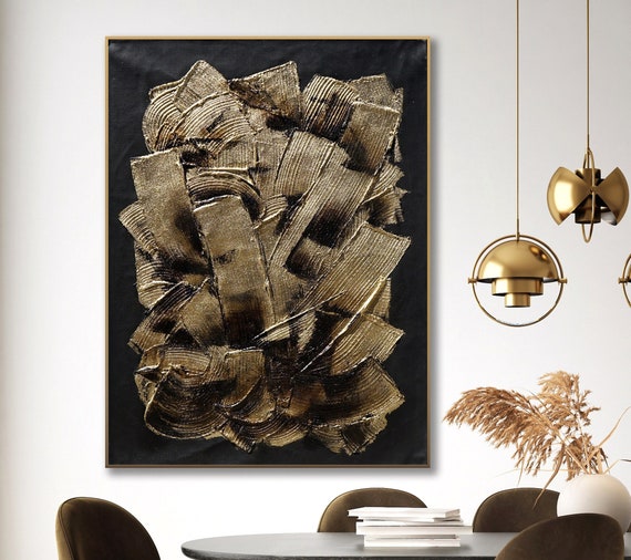 Gold and Black Wall Art Gold Foil Leaf 3D Texture Abstract Etsy