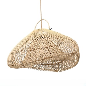 May include: A natural woven pendant light fixture with a unique, organic shape. The light is made of woven rattan and has a light brown color.