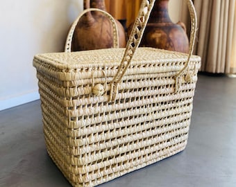 Malle de rangement en palmier tressé, coffre en osier, panier en feuille de palmier