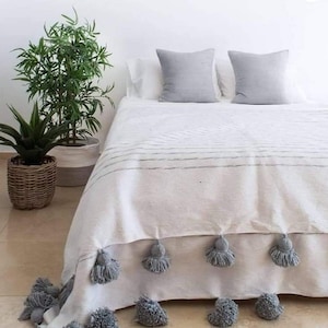 White and Grey striped plaid with Grey pompoms, Moroccan cotton blanket, boho bedspread, very soft bedspread