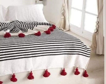 Plaid rayé Marinière Noir et blanc à pompons rouge, couverture coton, dessus de lit doux à rayure, couvre lit style marin