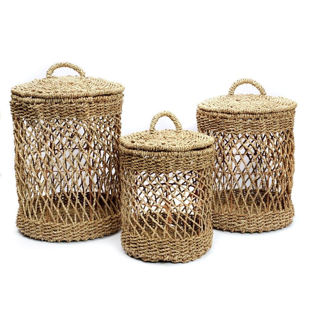 Trio de Paniers en Palmier, Rangement Jonc Mer, Beige ou Noir - Lot 3 à Linge 2 Coloris