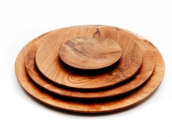 Assiettes rondes en teck, assiettes en bois, 3 tailles