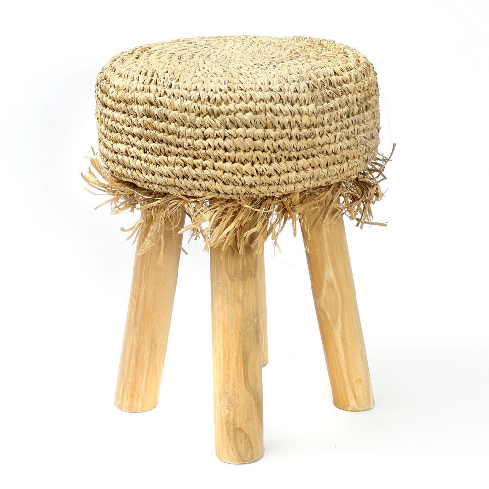 Tabouret à Frange en Teck et Raphia - Assise Style Bohème Naturel