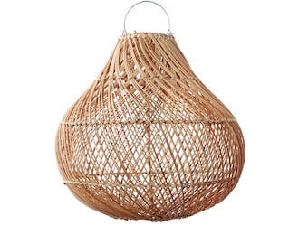 May include: A teardrop-shaped pendant light made from woven rattan. It features a metal handle for hanging. The natural brown rattan construction gives the light a rustic, bohemian aesthetic. The light's dimensions are approximately 40 cm in diameter.
