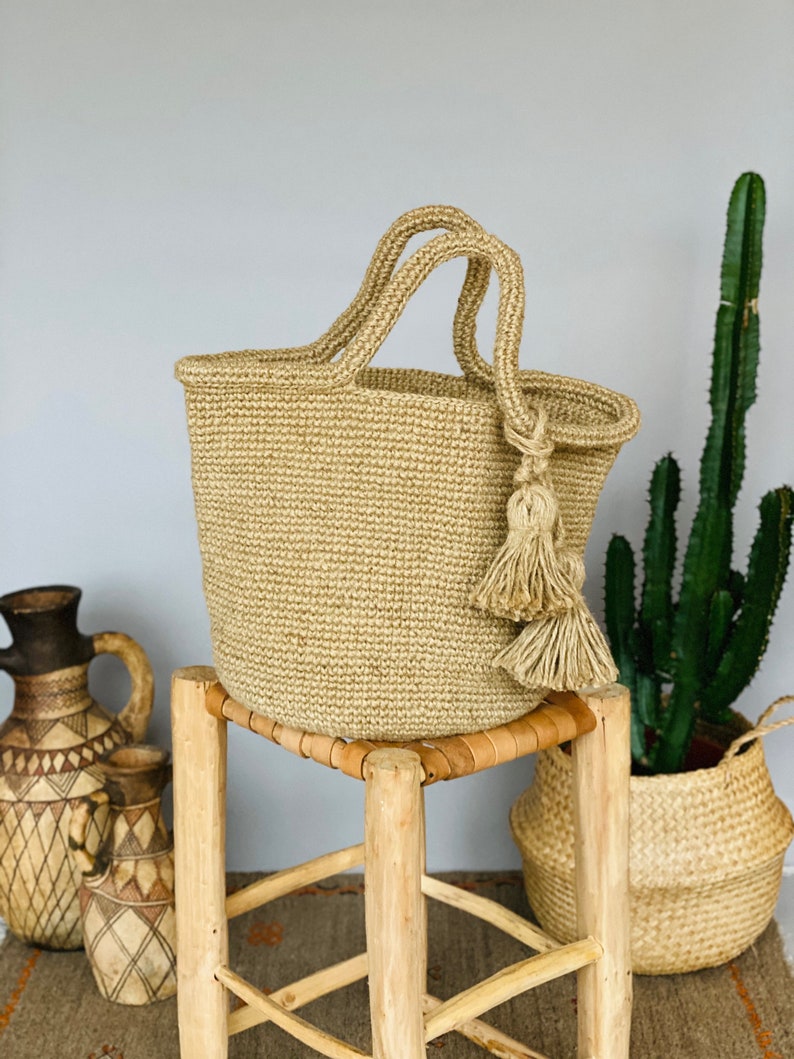 Sac cabas tress?� en coton laine ou jute avec pompom - Etsy France