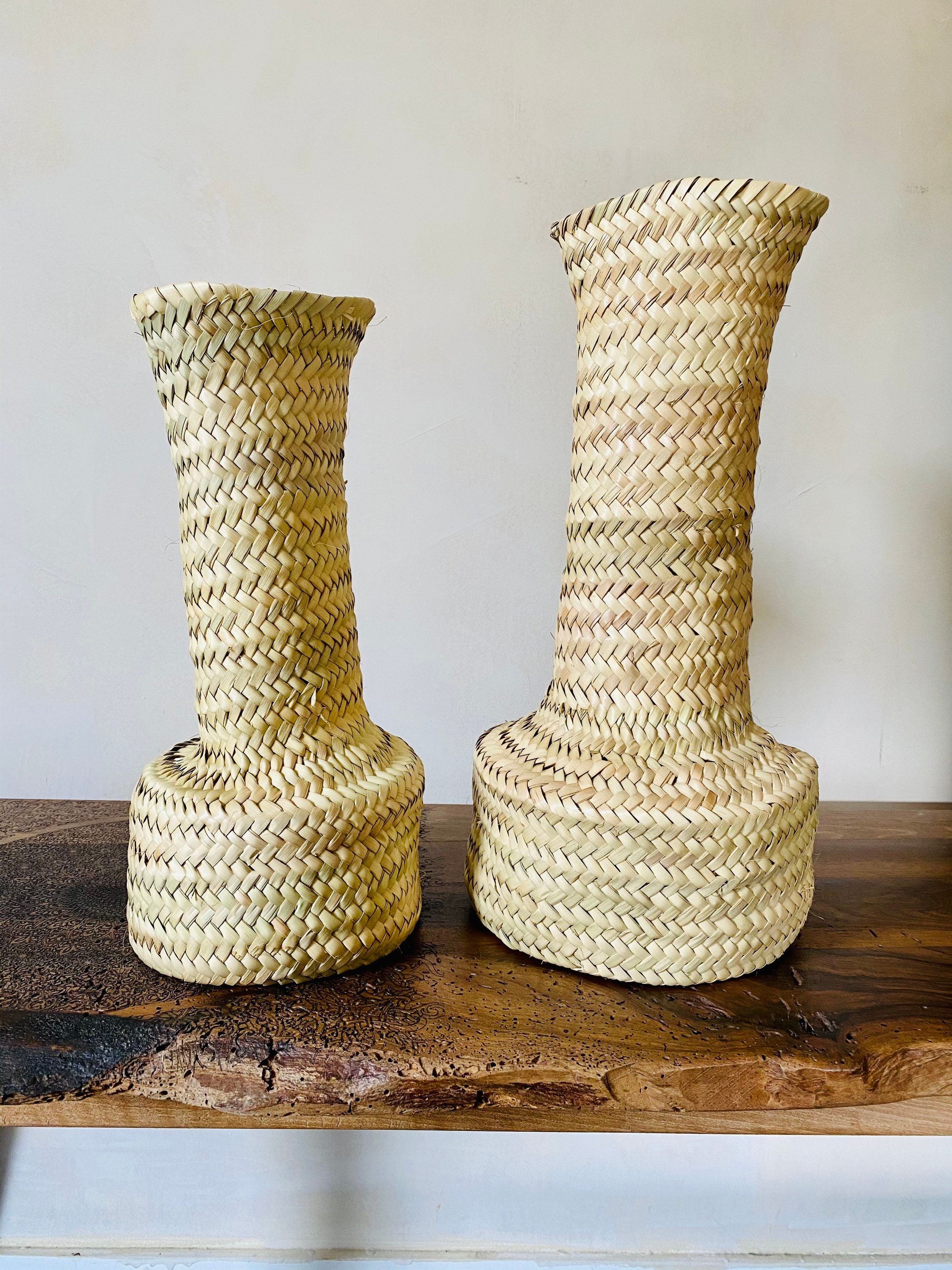 Vase en Paille Tressé Tigmiza, Vase Bohème Feuilles de Palmier
