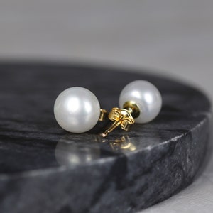 Pearl stud earrings 14k gold, genuine pearl earrings, wedding earrings, cultured pearl studs, gold filled earrings, minimalist earrings image 1