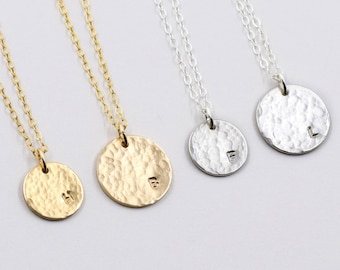 Dainty necklace, hammered medallion, personalized necklace, gold or silver, stamped necklace, letter necklace, anniversary gift, women jewel