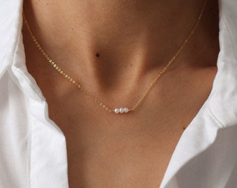Perlenhalsband, minimalistische Halskette, Hochzeitshalskette, 14k Gold gefüllt, massives Silber, zarte Halskette, Goldkette, kleine Perlen