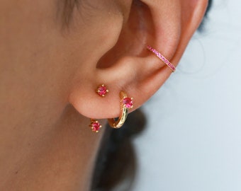 Earrings set, sterling silver, women earrings, ruby earrings, gold hoops, bridesmaid gift, everyday earrings, women gift, mini hoops