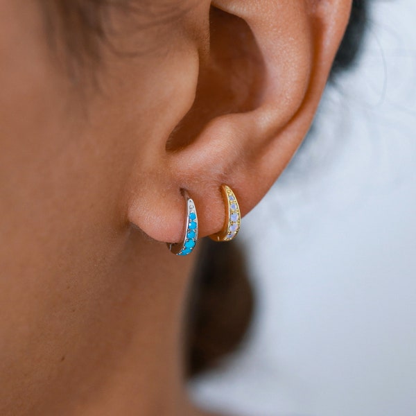 Dainty hoops, huggie earrings, gold or silver hoops, simple hoops, perfect gift, opal earrings, turquoise hoops, 925 silver, boho earrings