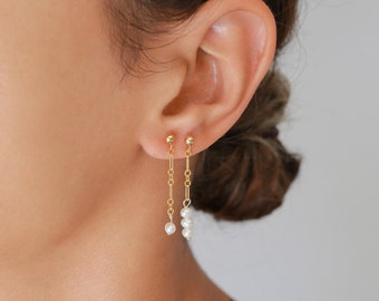 Parel hangende oorbellen, 14k gevuld goud, natuurlijke parels, lange oorbellen, pareljuweel, minimalistische ringen, trouwringen