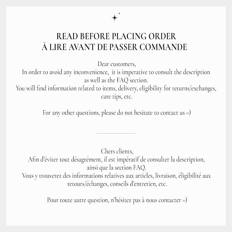 May include: Read before placing order. &Agrave; lire avant de passer commande.  A text-based image with instructions for customers to read before placing an order.
