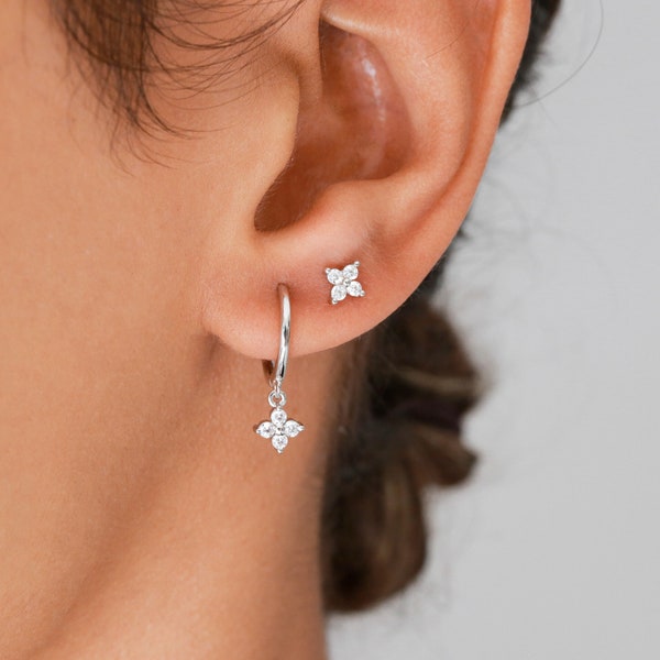 Ensemble boucles d'oreilles, boucles minimalistes, petite boucles, anneau oreille, argent massif, boucles diamant, puces d'oreilles