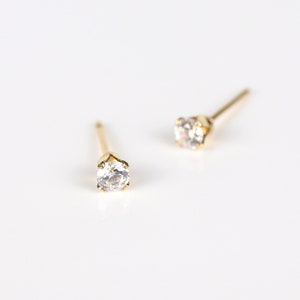 Gold studs, small earrings, 3mm studs, simple earrings, cubic zirconia studs, gold filled studs, dainty earrings, everyday earrings 画像 1