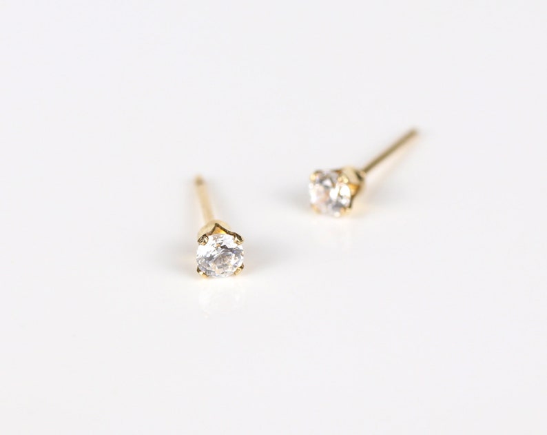 Gold studs, small earrings, 3mm studs, simple earrings, cubic zirconia studs, gold filled studs, dainty earrings, everyday earrings 画像 1