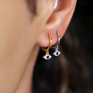 Eye hoop earrings, evil eye earrings, sterling silver, boho hoops, gold earrings, tiny hoops, dainty earrings, dangle earrings, elegant hoop