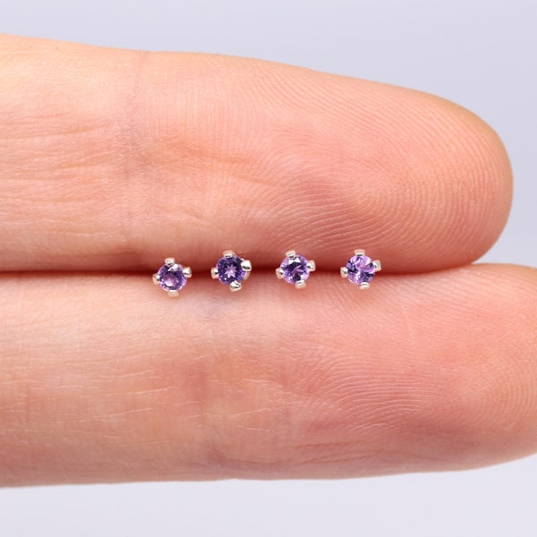 Natural amethyst studs, silver stud earrings, small earrings, minimalist studs, tiny studs, 2mm earrings, birthstone earrings, s925 studs