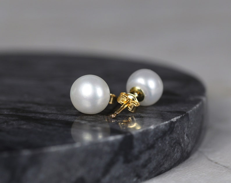 Pearl stud earrings 14k gold, genuine pearl earrings, wedding earrings, cultured pearl studs, gold filled earrings, minimalist earrings image 2