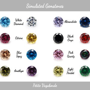 May include: A chart of simulated gemstones, showing 12 different gemstones in round shapes. The gemstones are arranged in four rows of three, with each row labeled with a different color. The gemstones are: aquamarine, white diamond, alexandrite, sapphire, ruby, citrine, black onyx, garnet, champagne diamond, blue topaz, pink quartz, mystical diamond, peridot, amethyst, light peridot, and emerald.