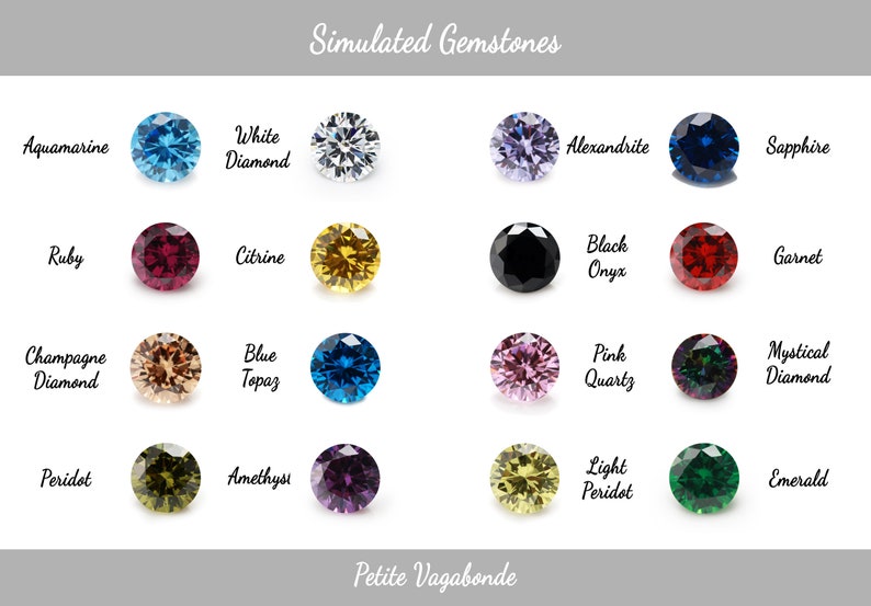 May include: A chart of simulated gemstones, showing 12 different gemstones in round shapes. The gemstones are arranged in four rows of three, with each row labeled with a different color. The gemstones are: aquamarine, white diamond, alexandrite, sapphire, ruby, citrine, black onyx, garnet, champagne diamond, blue topaz, pink quartz, mystical diamond, peridot, amethyst, light peridot, and emerald.