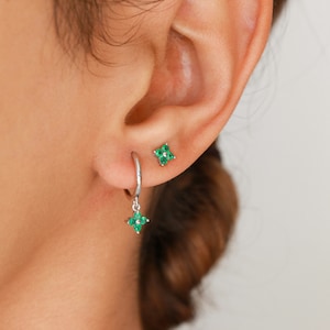 Silver hoops, emerald earrings, huggie earrings, emerald jewelry, gold studs, earrings set, womens jewelry, small earrings