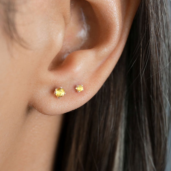 Citrine earrings, natural stone jewelry, birthstone earrings, sterling silver, women earrings, s925 studs, dainty earrings, 2-3mm studs