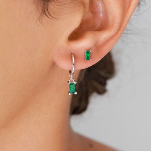 Emerald set earrings, dainty hoops, sterling silver, boho earrings, small earrings, huggie hoops, tiny studs, elegant earring, green earring