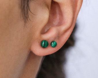 Malachite earrings, silver studs, minimalist earrings, simple studs, natural stones, malachite jewelry, sterling silver, birthstones