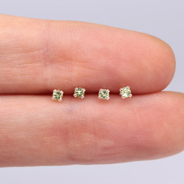 Natural peridot earrings, silver stud earrings, micro studs, peridot jewelry, minimalist jewelry, 2mm studs, birthstone studs, green earring