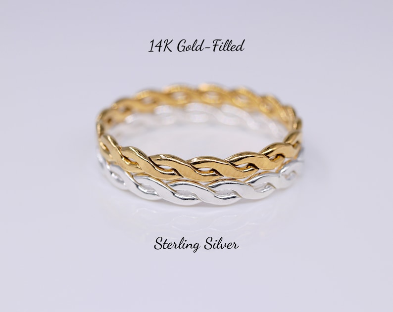 Gouden ring, ringset, vrouwenring, 14k gevuld goud, gevlochten ring, gouden band, vrouwengeschenk, massief zilver, cadeau voor haar, zilveren juweel afbeelding 6