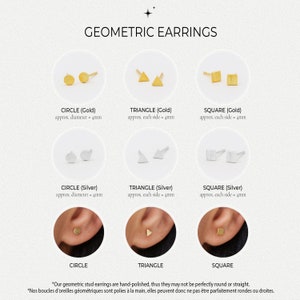 May include: Six pairs of geometric stud earrings in gold and silver. The earrings are in the shapes of a circle, triangle, and square. Each earring measures approximately 4 mm in diameter or side length. "Our geometric stud earrings are hand-polished, thus they may not be perfectly round or straight. *Nos boucles d'oreilles g&eacute;om&eacute;triques sont polies &agrave; la main, elles peuvent donc ne pas &ecirc;tre parfaitement rondes ou droites."