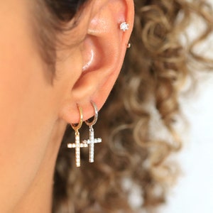 Cross earrings, sterling silver, gold hoops, cubic zirconia, pendant hoops, huggie earrings, womens gift, silver jewelry, s925 earrings image 1