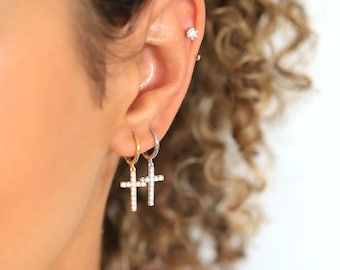 Cross earrings, sterling silver, gold hoops, cubic zirconia, pendant hoops, huggie earrings, womens gift, silver jewelry, s925 earrings