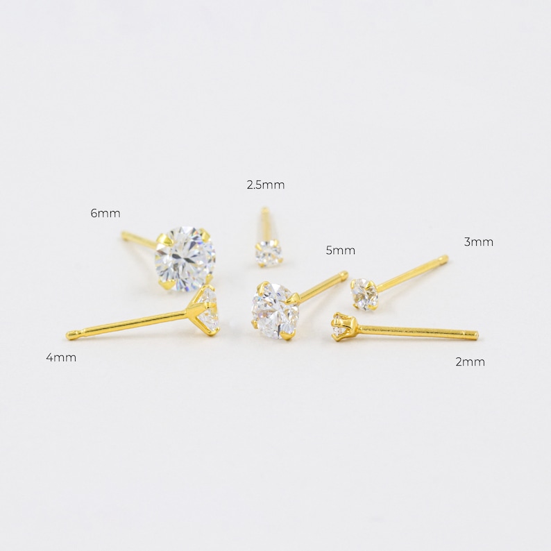 Pendientes minimalistas, plata maciza, pendientes pequeños, tachuelas delicadas, tachuelas de oro, tachuelas de diamantes, tachuelas de 3-7 mm, circonio imagen 3