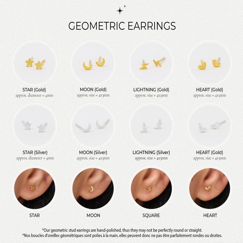 May include: A set of geometric stud earrings in gold and silver featuring a star, moon, lightning bolt, and heart design. The earrings are approximately 4mm in size.