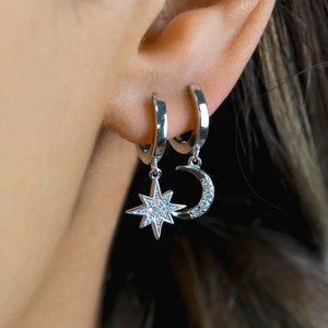 Star and moon hoops, sterling silver, boho earrings, huggie hoops, celestial earrings, hoop earrings, star earrings, moon earrings