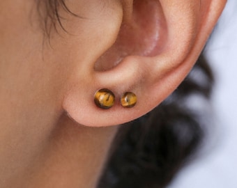 Boucles d'oreilles oeil de tigre, pierre naturelle, boucles d'oreilles boho, bijou pierre, bijou femme, puces s925, petites boucles